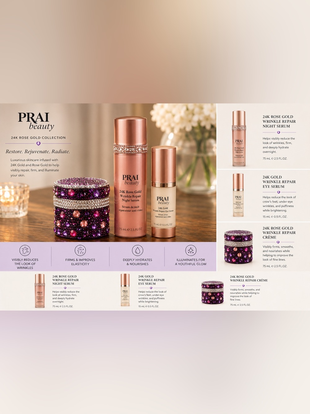 PRAI Beauty 24K Rose Gold 3pc Bundle | Night Serum Eye Serum & Rose Gold Crème